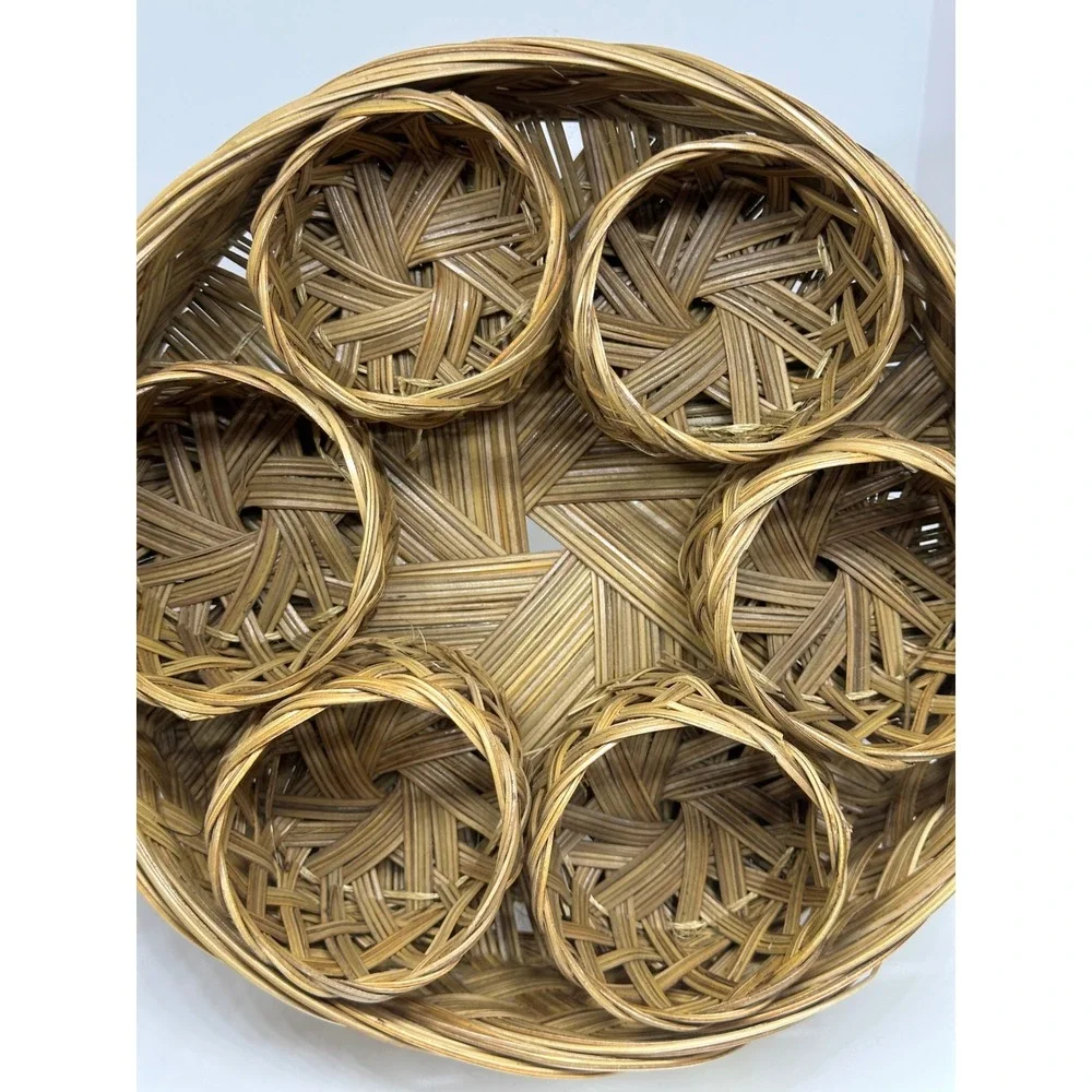 VTG Woven Wicker Coaster Set Brown Rattan Boho Coastal Home Decor 7 Piece Round